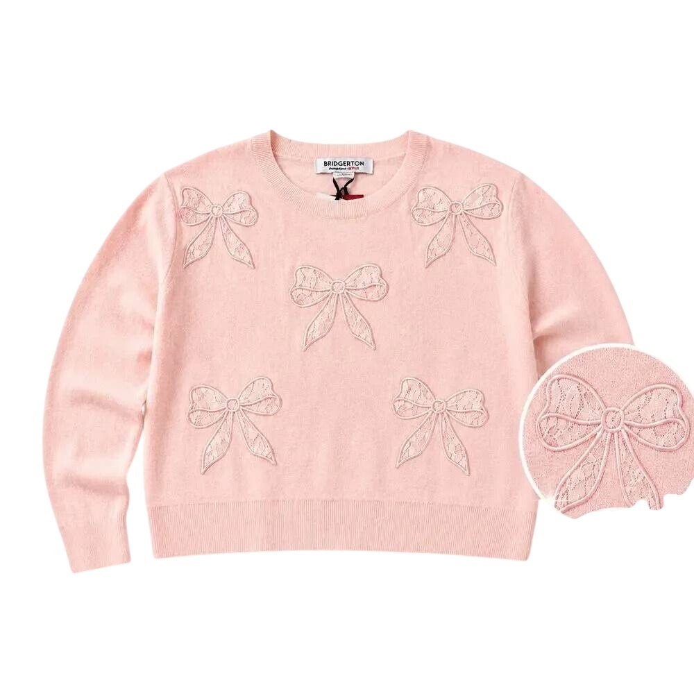 Bridgerton Lace Bow Applique Sweater Women XXL Pink Crewneck Long Sleeve Knit